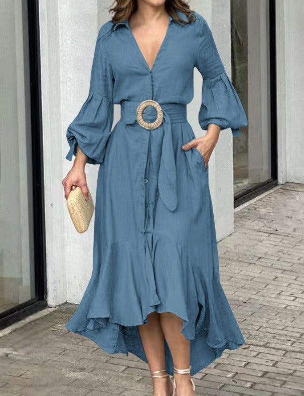 belted ruffle-hem shirt dress – Flwasan