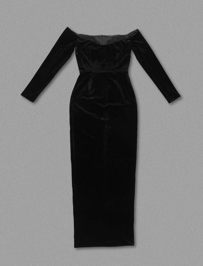 Off-shoulder velvet midi dress with lace trim – Gergana