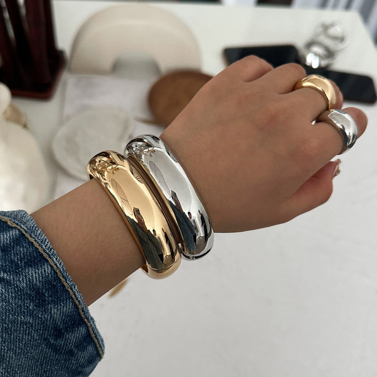 domed gold bangle bracelet with hinge clasp – ALORA