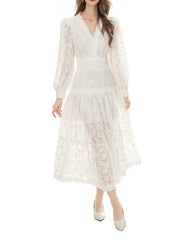 long-sleeve lace midi dress with scalloped neckline – Drance