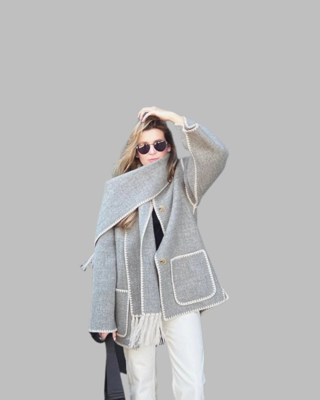 fringed cape jacket with contrast trim – Teghan