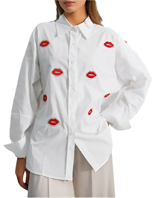 Relaxed oversized shirt with embroidered lips design - Lersi