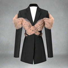 longline tailored blazer with draped tulle sleeves - Evisss