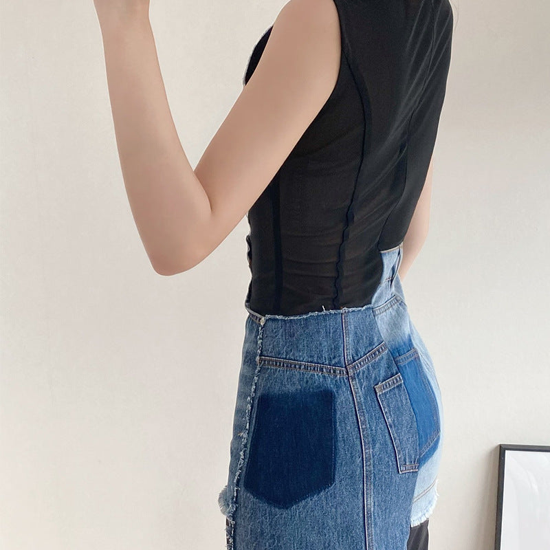 sleeveless mesh mini dress with denim patchwork – Tamela