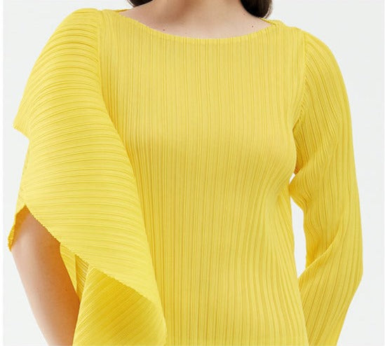 pleated midi dress with asymmetric ruffle – Ysabelle