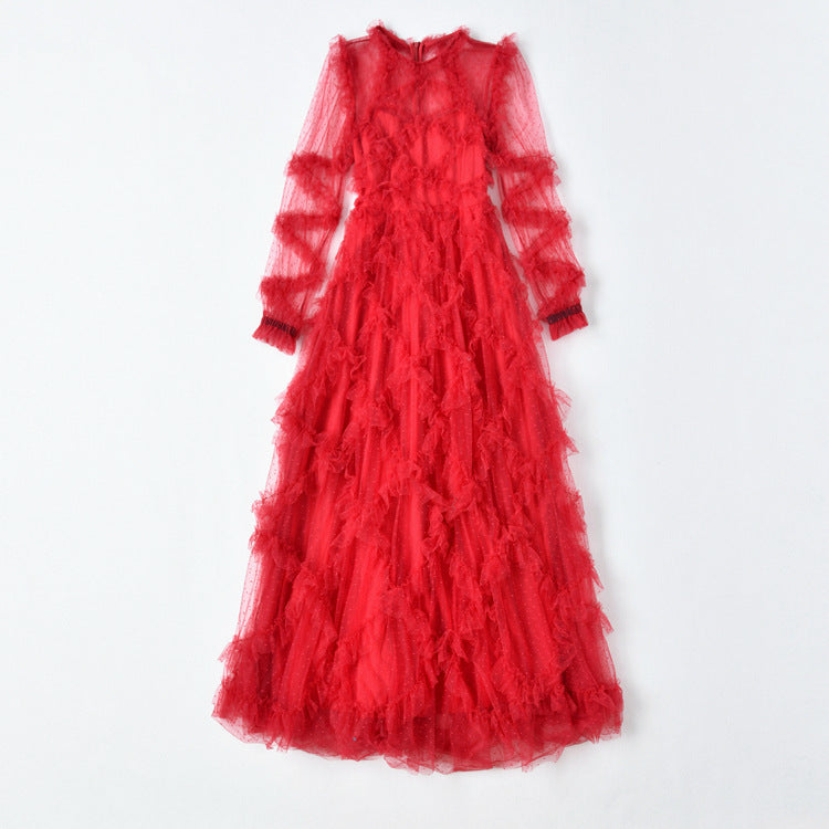 tiered ruffle tulle gown in crimson – Eeshika