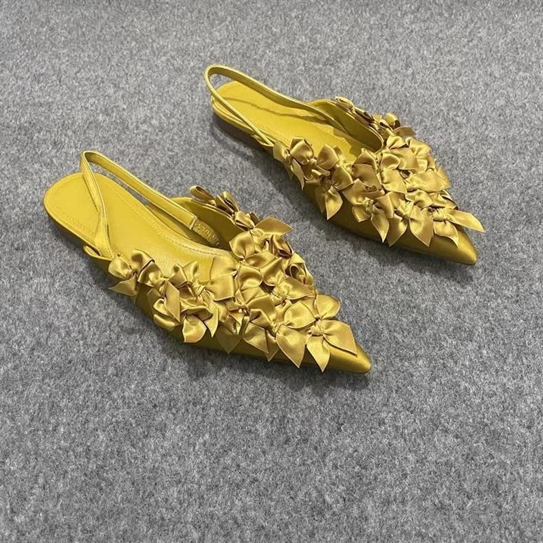 black satin slingback flats with 3D floral appliqué – NOIRIA