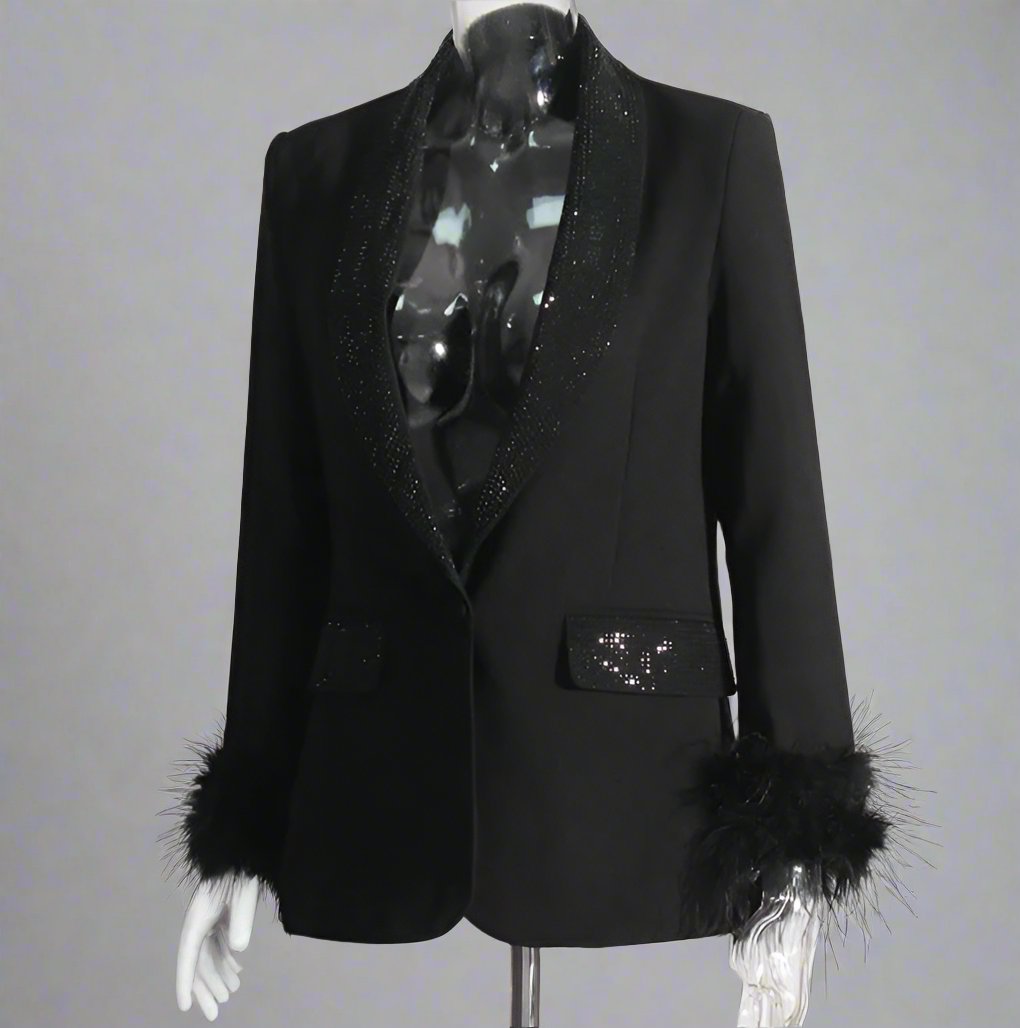feather-cuff blazer with crystal lapels - Farwswe