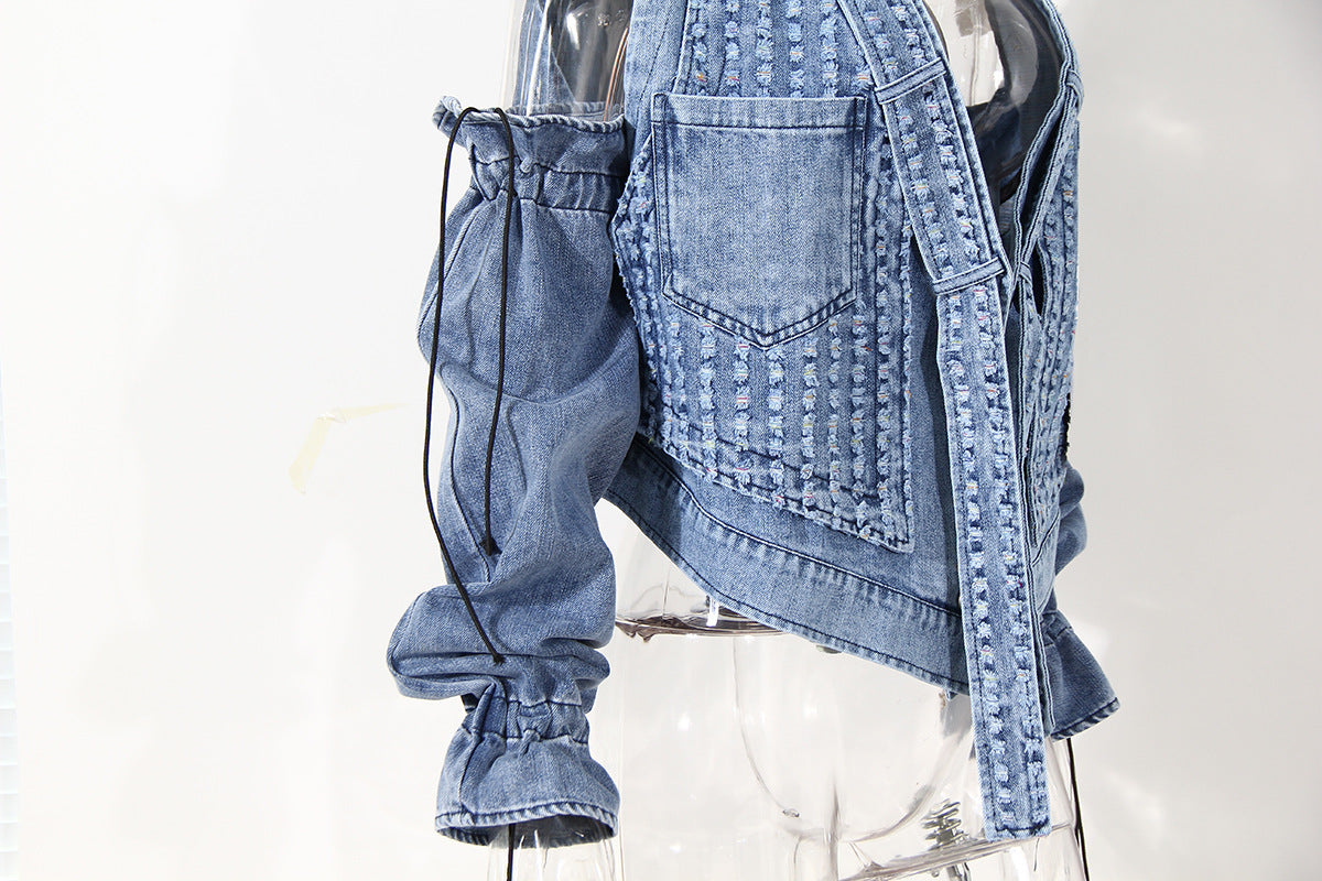 cold-shoulder embellished denim jacket with gathered sleeves – Klaew Kla