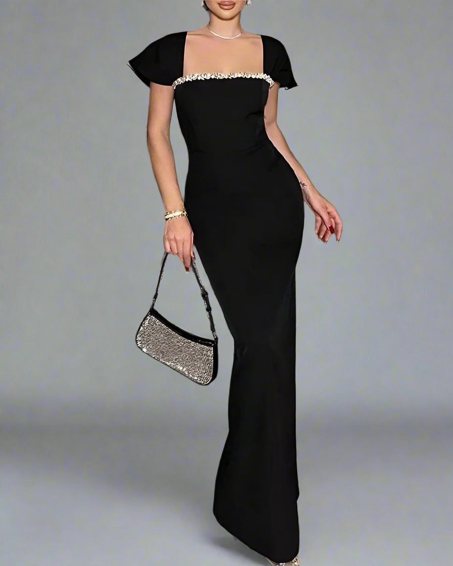 Cap sleeve fitted gown with embellished neckline – Malad