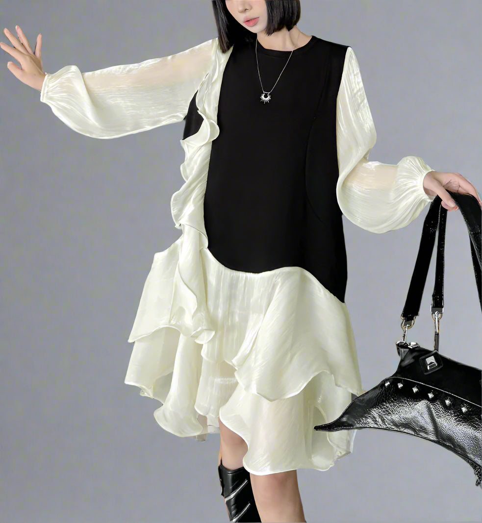 Ruffled asymmetrical dress with contrast sleeves - Nilku