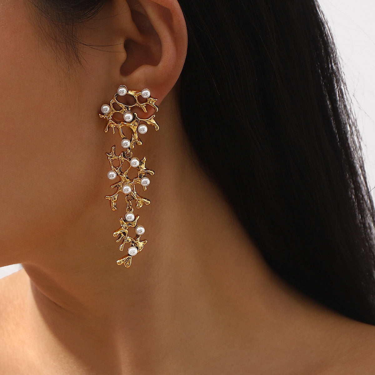 gold coral drop earrings with pearl accents – CORALIA