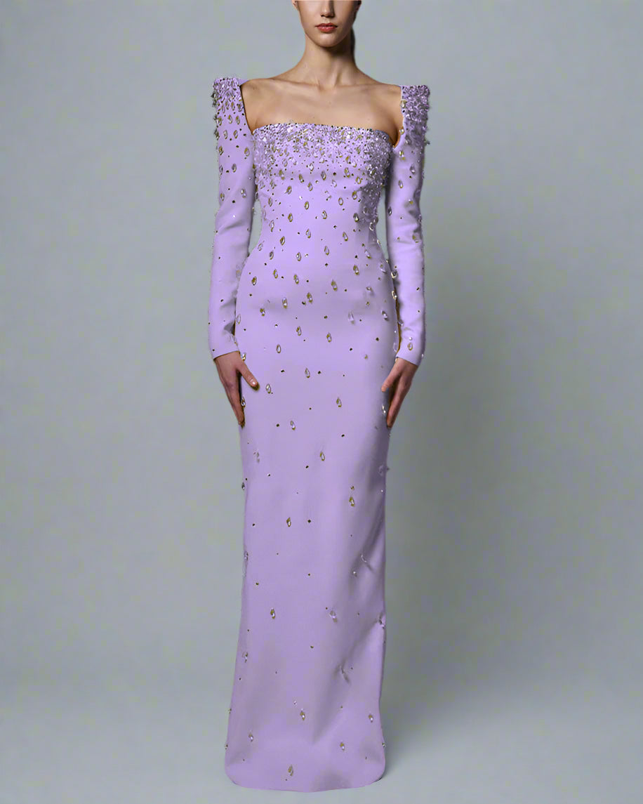 Yellow Full Embroidered Dress with Structured Sleeves - Diana