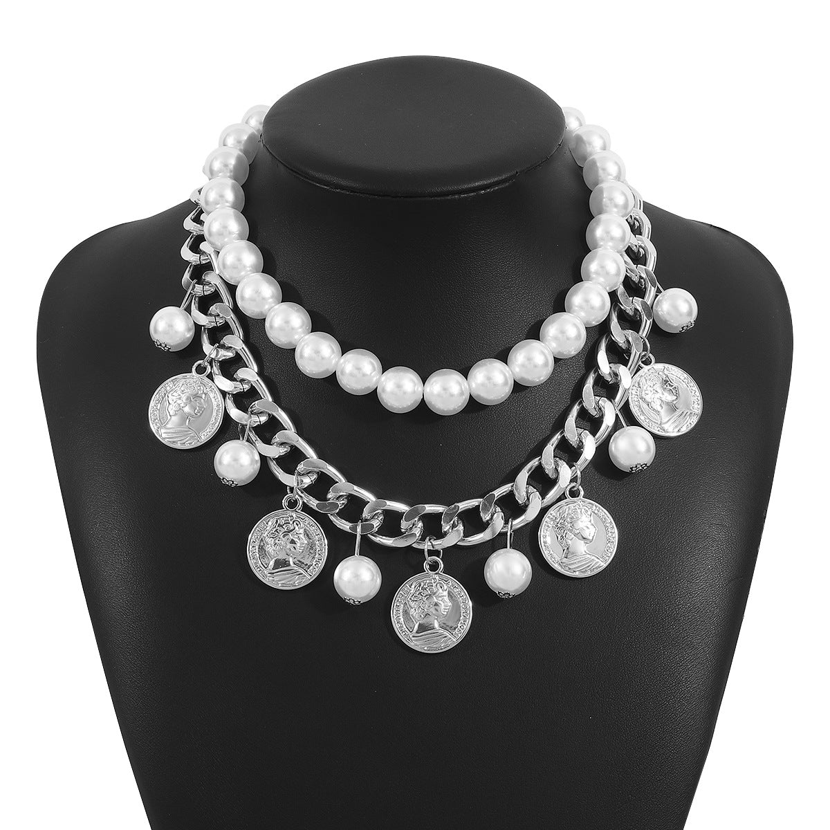 layered pearl chain necklace with coin charms - ROMAS
