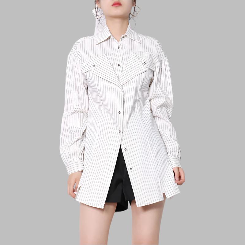 striped longline blouse with layered lapel detail - Terese