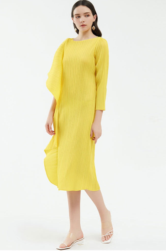 pleated midi dress with asymmetric ruffle – Ysabelle