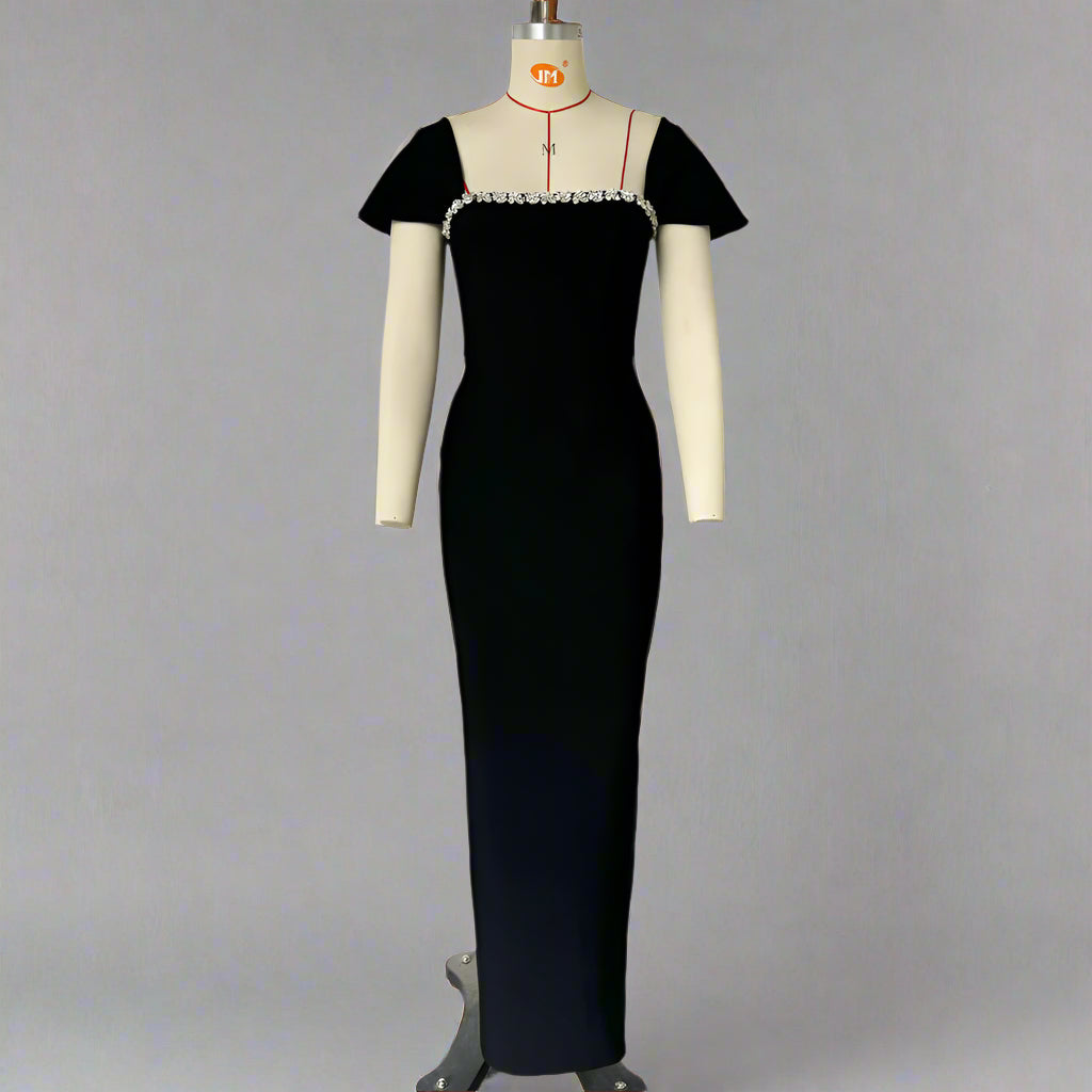 Cap sleeve fitted gown with embellished neckline – Malad
