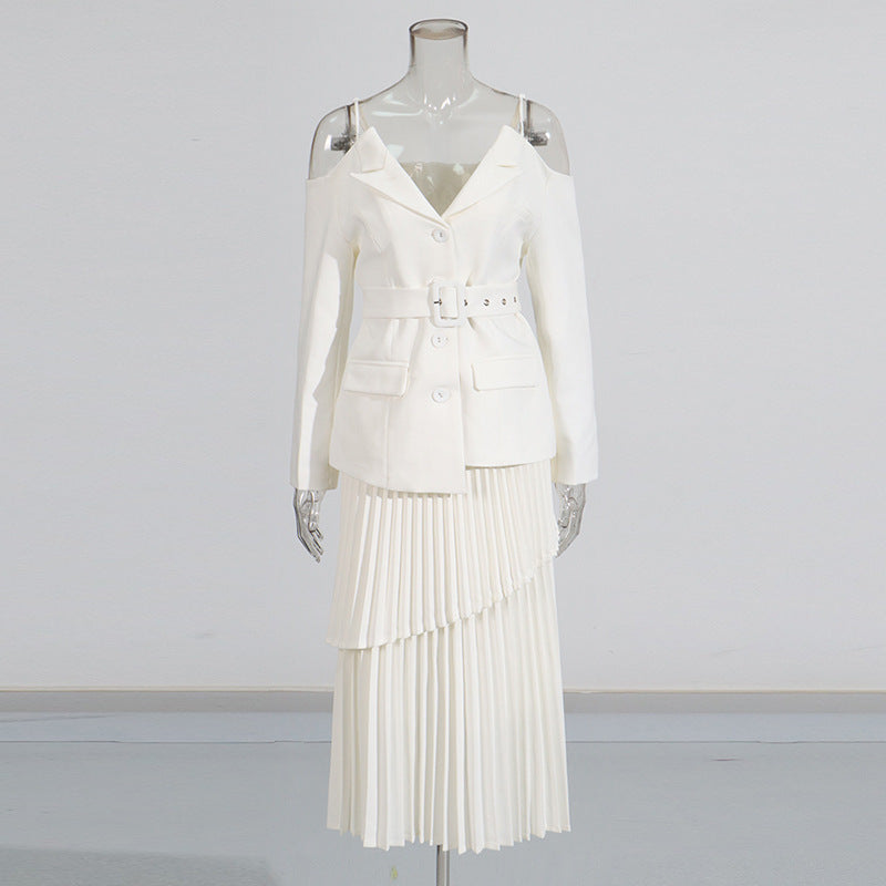 Off-shoulder belted blazer with pleated skirt - Atiju