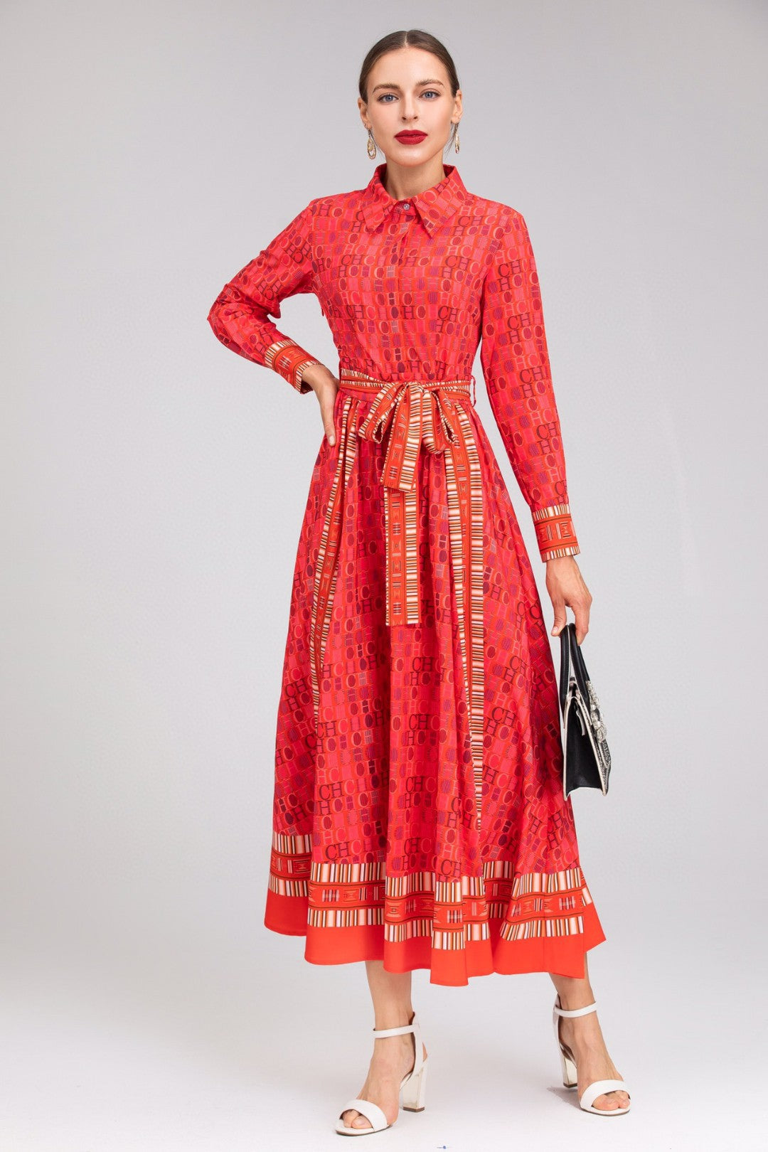 printed belted shirt dress with long sleeves – Adrertu