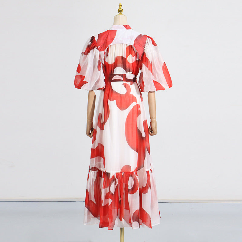 puff-sleeve tiered maxi dress with abstract print – ZARA