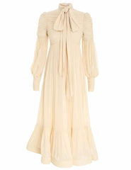 high-neck midi dress with necktie and puff sleeves – Thanmayu