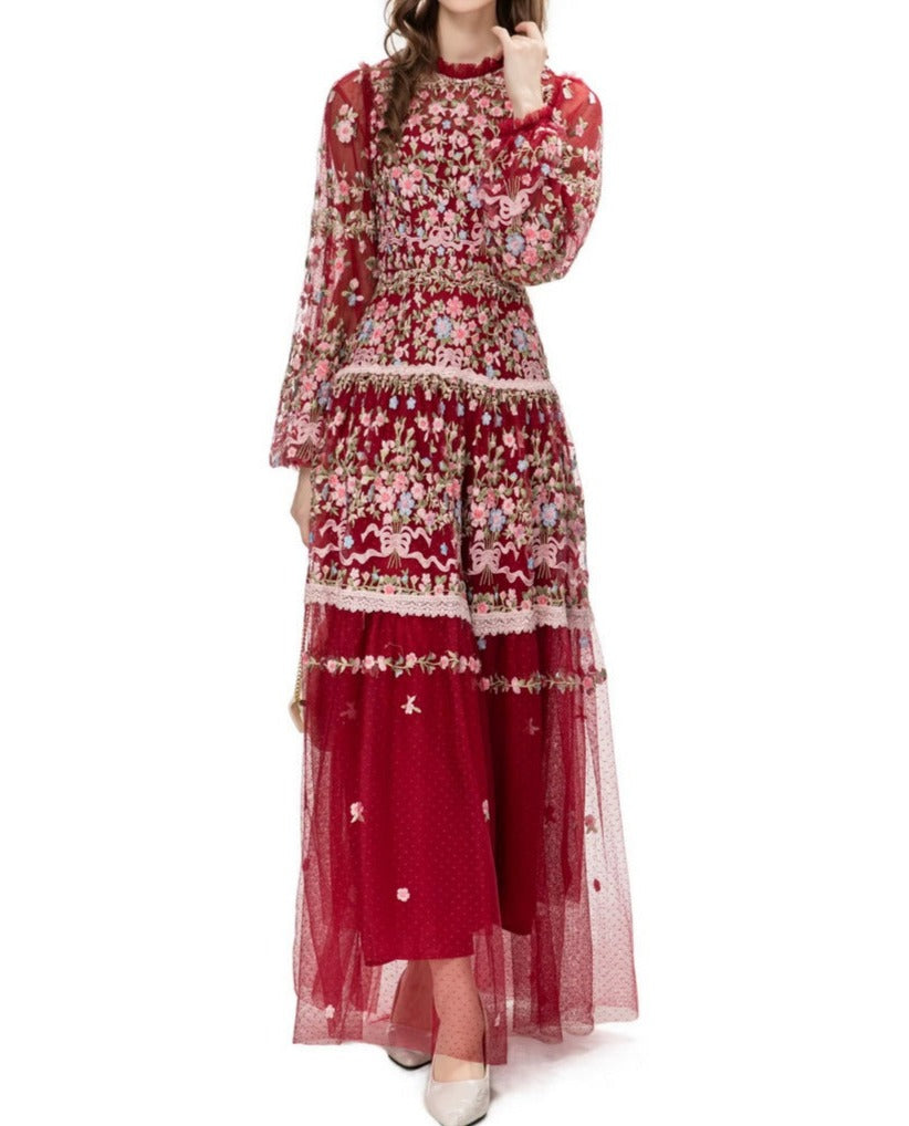 sheer embroidered tulle gown with floral motifs – Fikwesd