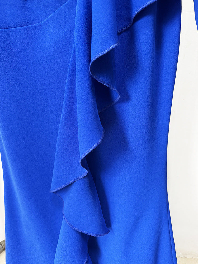 long-sleeve draped gown with front cascade ruffle – ROYIAL