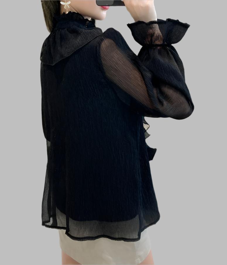 long sleeve ruffled chiffon blouse with stand collar – Tauret
