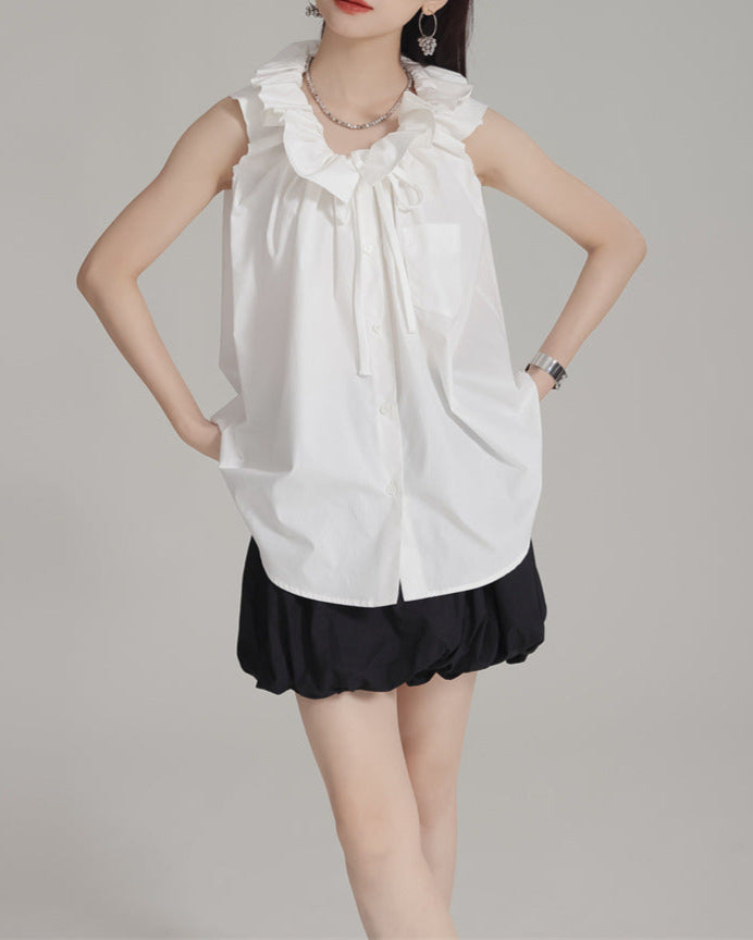 Sleeveless ruffle-collar shirt with bow detail – Endru