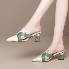 pointed leather mules with green cross straps and flared heels – VERONA