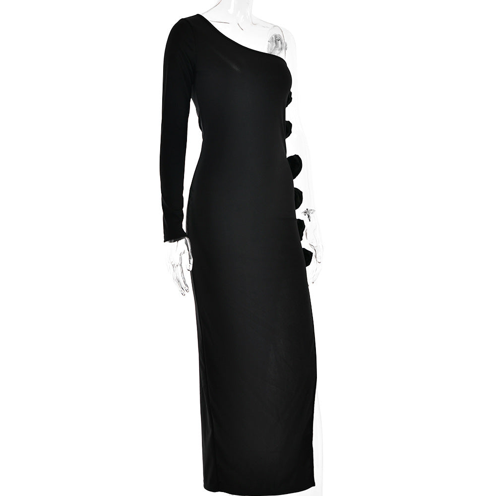 one-shoulder gown with floral side appliqué – Fahapol
