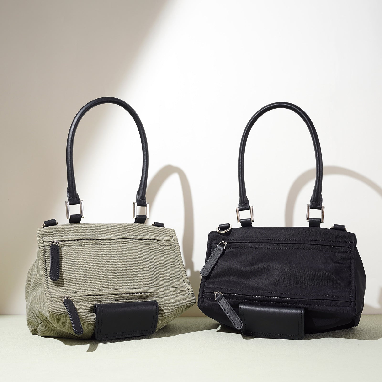 structured nylon tote with leather handles and double zip pockets – TAMRA