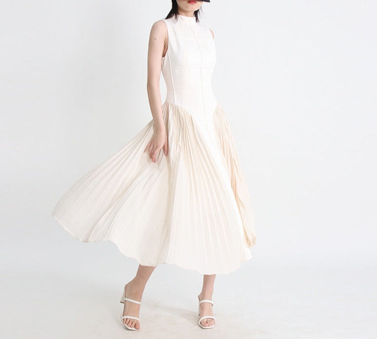 sleeveless pleated midi dress with paneled bodice – Calixta