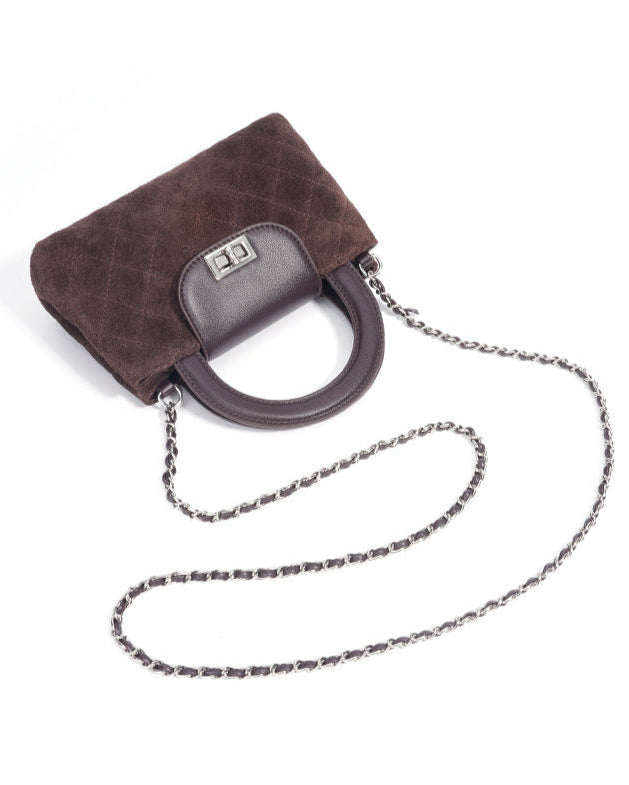 quilted suede top-handle bag with leather flap - TESSLA
