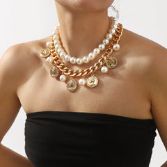layered pearl chain necklace with coin charms - ROMAS