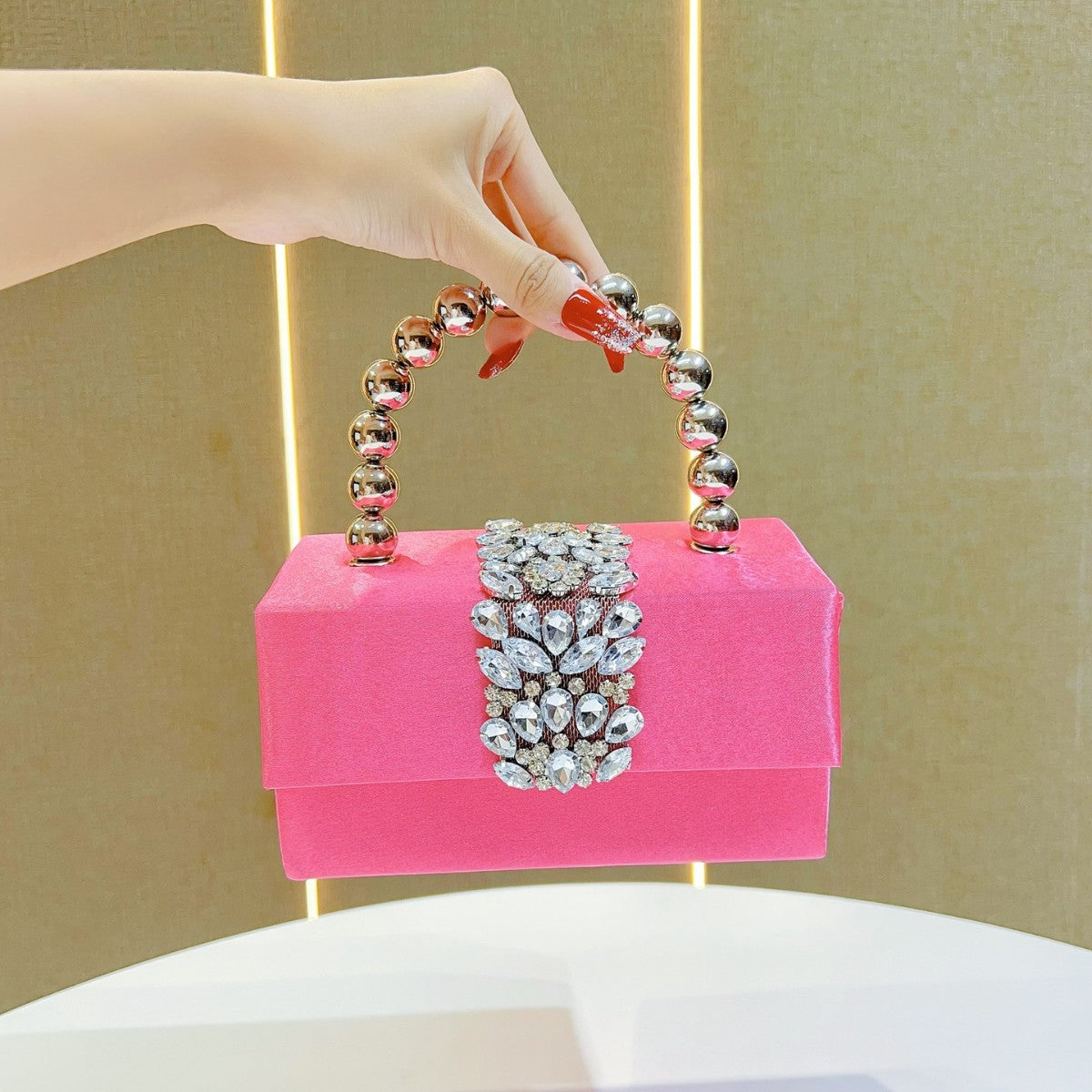Rhinestone embellished box clutch with spherical handle - Entidu