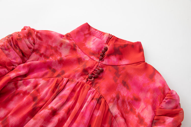 high-neck chiffon midi dress with ruched sleeves – YTAGR