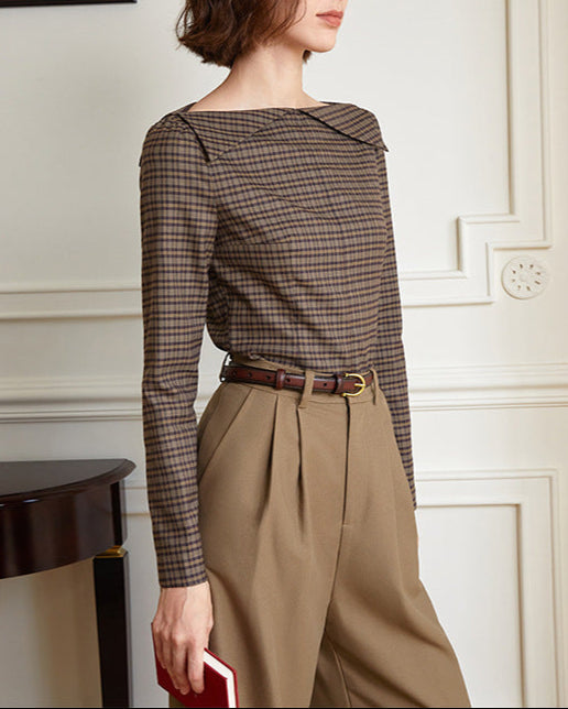 Long-sleeve plaid blouse with angular collar - Vituli