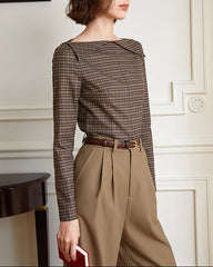 Long-sleeve plaid blouse with angular collar - Vituli