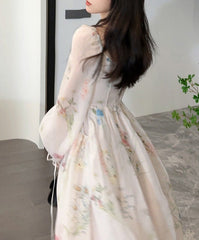 floral chiffon midi dress with puff sleeves – Aagewm
