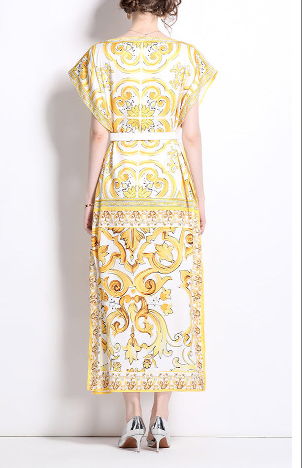 short-sleeve printed kaftan dress with belted waist – NOQRA