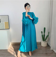 pleated maxi dress with floral cuff sleeves – Volen