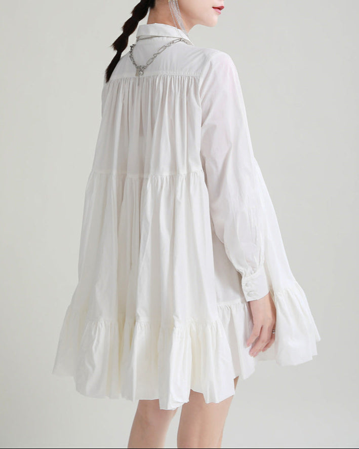long-sleeve ruffle mini dress with shirt collar - REINAX