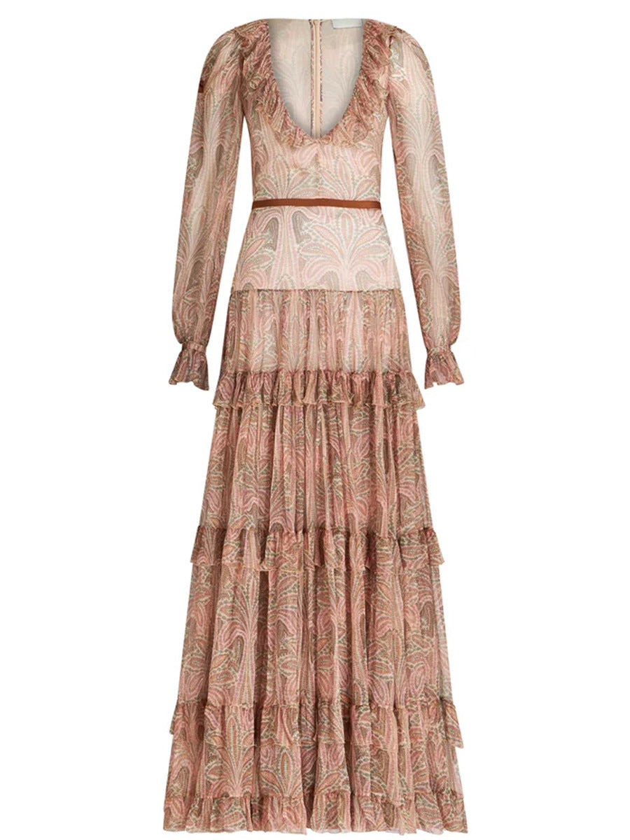 Printed ruffle-tier gown with belt – Gentiana