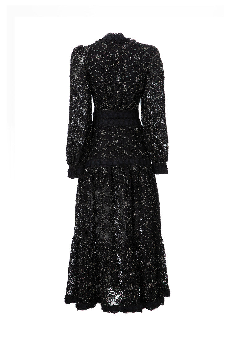 long-sleeve lace midi dress with scalloped neckline – Drance