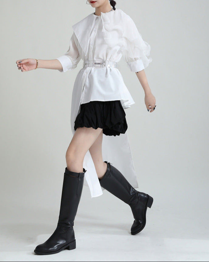 Ruffled asymmetrical shirt dress with belt - Atylu