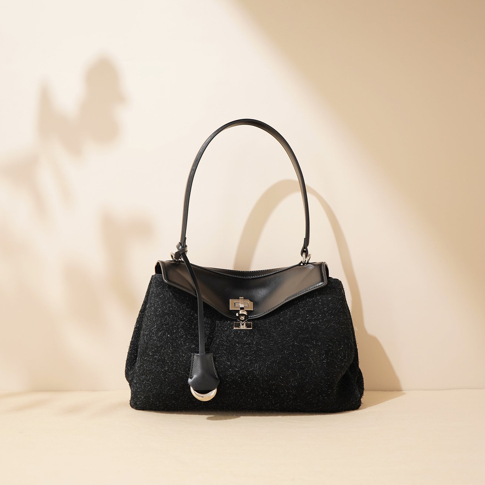 textured wool satchel with leather flap – AUBURN