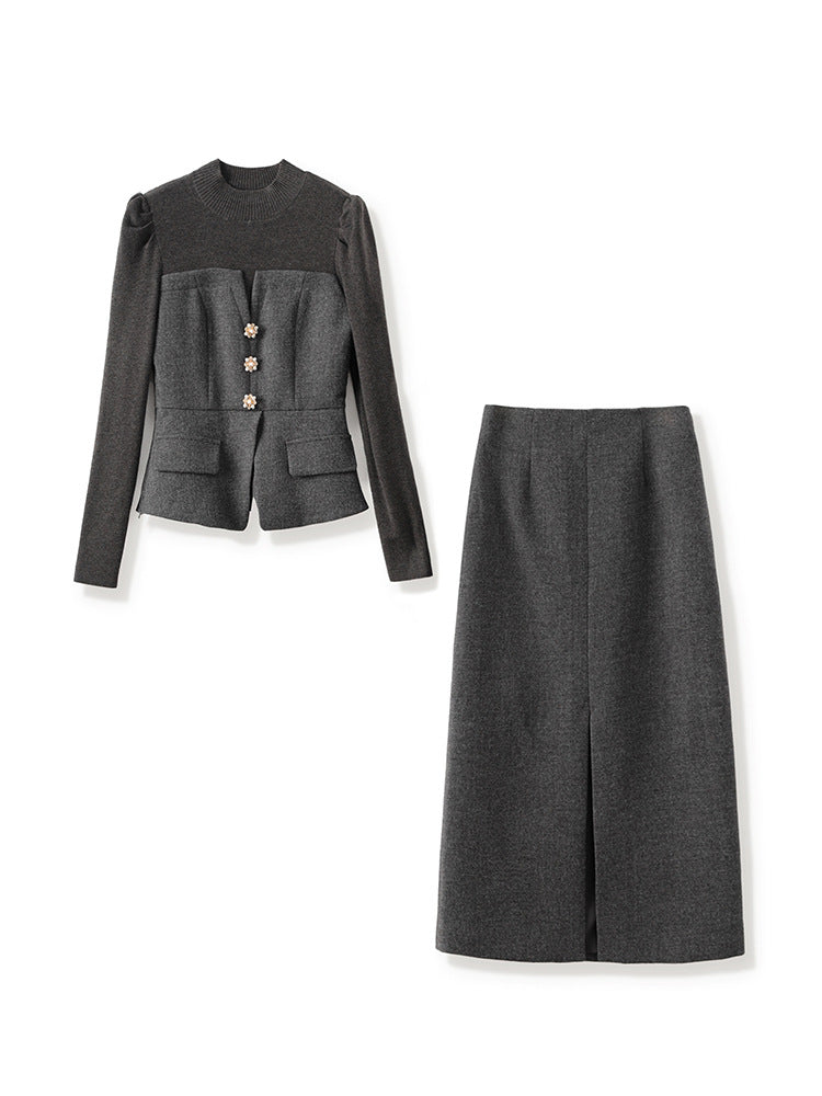 structured wool-blend suit with floral buttons – SELENEZ