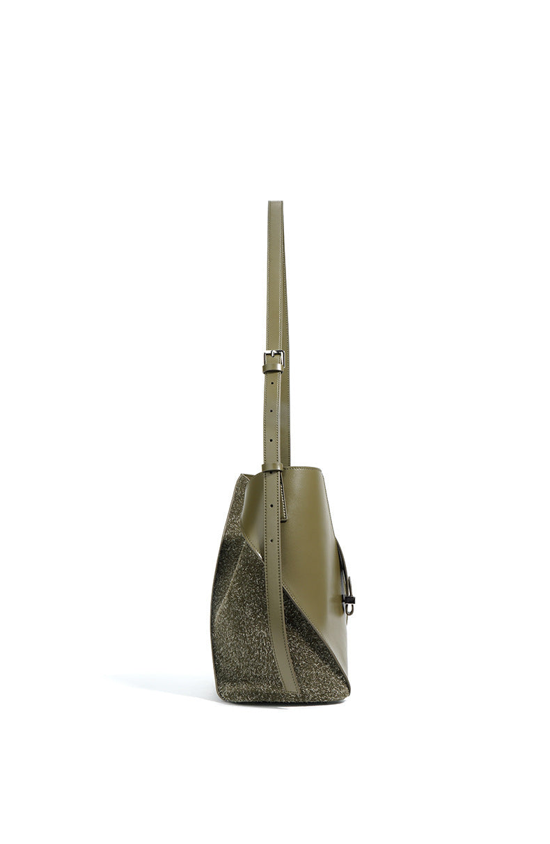 asymmetrical bucket bag with felt panel – SAGE