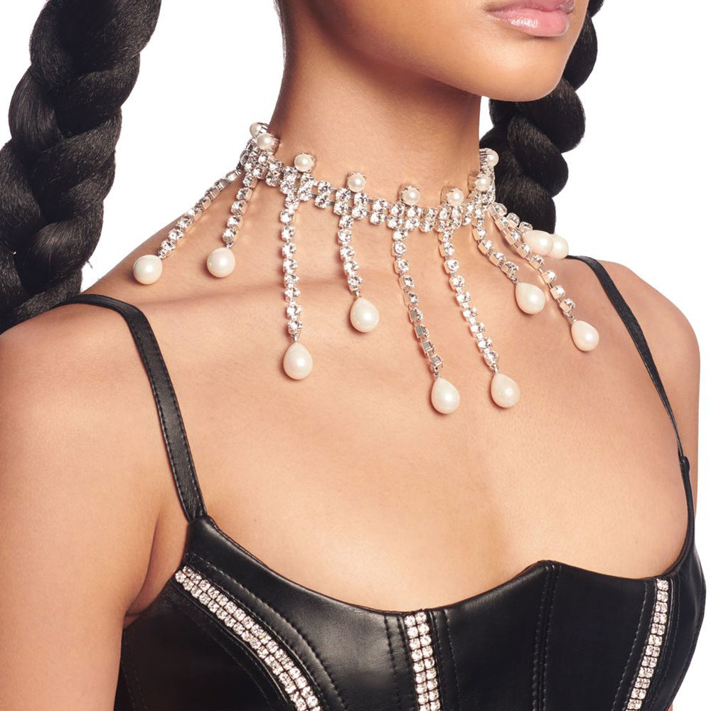 crystal choker necklace with pearl drop details - Aadshini
